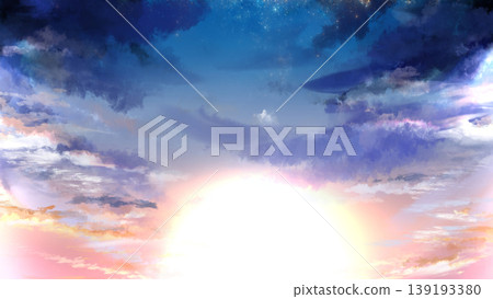 A fantastical background image featuring a starry sky and sunset. Dramatic clouds and a gradient sky with spreading light. Copy space available. A fantastical background image featuring a starry sky and sunset. Dramatic clouds and a gradient sky with spreading light. Copy space available. 139193380
