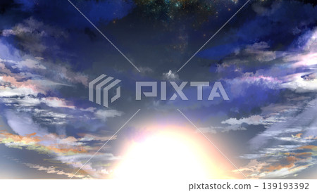 A fantastical background image featuring a starry sky and sunset. Dramatic clouds and a gradient sky with spreading light. Copy space available. A fantastical background image featuring a starry sky and sunset. Dramatic clouds and a gradient sky with spreading light. Copy space available. 139193392