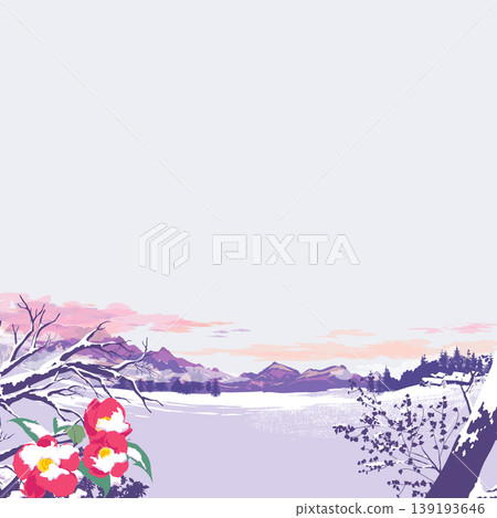 季節性風景插圖(冬季):山茶花被白雪覆蓋的風景。 季節性風景插圖(冬季):山茶花被白雪覆蓋的風景。 139193646