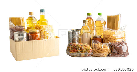 Foodstuff for donation, storage and delivery. Various food, pasta, cooking oil and canned food in cardboard box. Foodstuff for donation, storage and delivery. Various food, pasta, cooking oil and canned food in cardboard box. 139193826