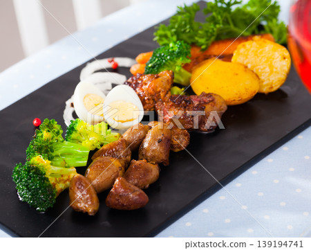 Roasted chicken hearts with potatoes, broccoli, carrots, quail eggs Roasted chicken hearts with potatoes, broccoli, carrots, quail eggs 139194741