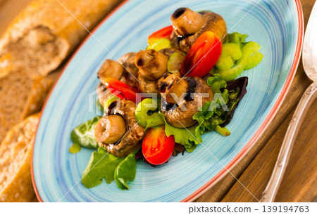 Champignons marinated in soy sauce with balsamic, served with vegetables Champignons marinated in soy sauce with balsamic, served with vegetables 139194763