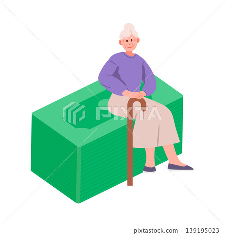 Senior woman sitting on a huge stack of cash Senior woman sitting on a huge stack of cash 139195023