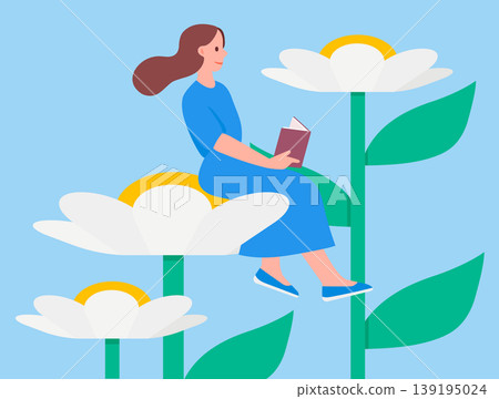 Woman reading book on daisy flower 139195024