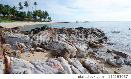 Exotic Beach with Layered Rocks and Coconut Palm Trees Exotic Beach with Layered Rocks and Coconut Palm Trees 139195087