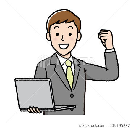 Businessman, laptop, victory pose, success, motivation, business person illustration Businessman, laptop, victory pose, success, motivation, business person illustration 139195277