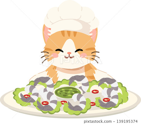adorable cat chef preparing seafood meal shrimp appetizer 139195374