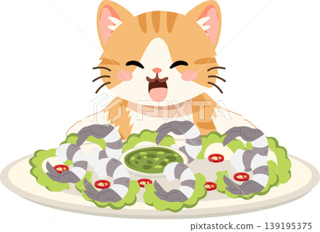 cute cat eating shrimp salad. kawaii cartoon cat with shrimp salad and chili dipping sauce 139195375