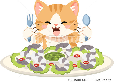 cute cartoon cat eating shrimp with fork and spoon at a seafood meal, placed on a plate with salad and sauce 139195376
