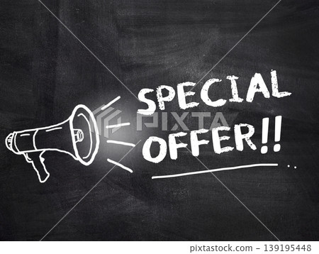 Special offer text with megaphone on chalkboard background. 139195448