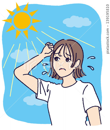 An illustration of a woman suffering from strong sunlight (with background). An illustration of a woman suffering from strong sunlight (with background). 139195810