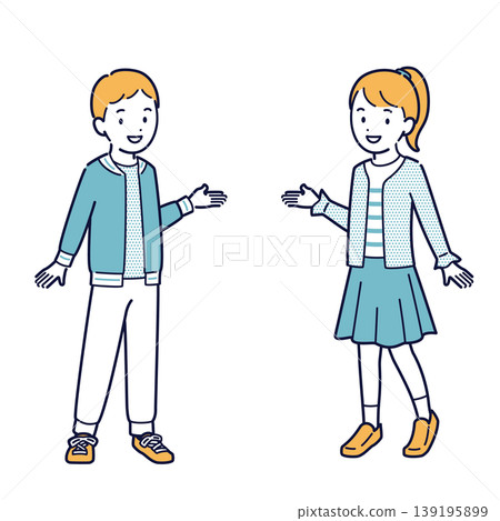 一組描繪一對快樂男孩女孩互相介紹的插圖。 139195899