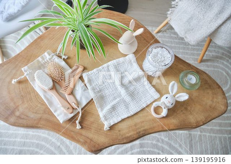 Baby care set with natural wood products for wellness Baby care set with natural wood products for wellness 139195916