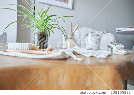 Wellness personal self-care items on wooden table 139195921