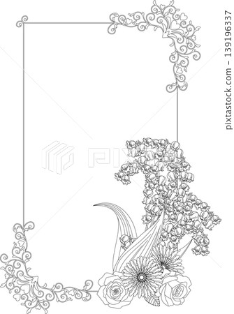 Vintage Calligraphy Style Frame Material 289 <Flower (Lily of the Valley, Rose, etc.) Decorative Border/Frame, Black and White/Monochrome> 139196337
