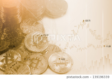 Modern way of exchange. Bitcoin is convenient payment in global economy market. Virtual digital currency and financial investment trade concept. Abstract cryptocurrency with gold bitcoin background. Modern way of exchange. Bitcoin is convenient payment in global economy market. Virtual digital currency and financial investment trade concept. Abstract cryptocurrency with gold bitcoin background. 139196339