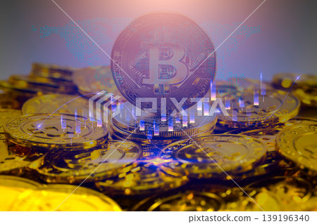 Modern way of exchange. Bitcoin is convenient payment in global economy market. Virtual digital currency and financial investment trade concept. Abstract cryptocurrency with gold bitcoin background. Modern way of exchange. Bitcoin is convenient payment in global economy market. Virtual digital currency and financial investment trade concept. Abstract cryptocurrency with gold bitcoin background. 139196340