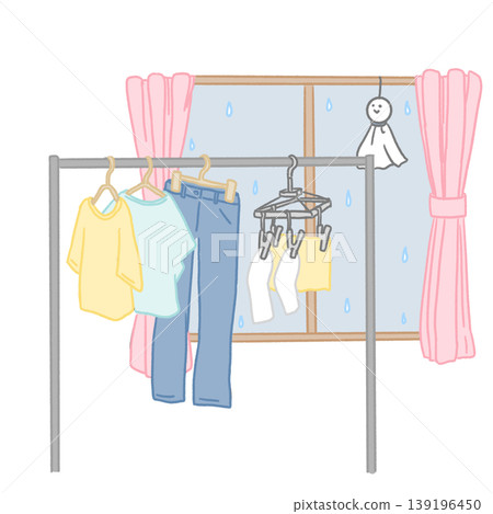 An illustration (with colored lines) of a scene where laundry is being hung to dry indoors. 139196450