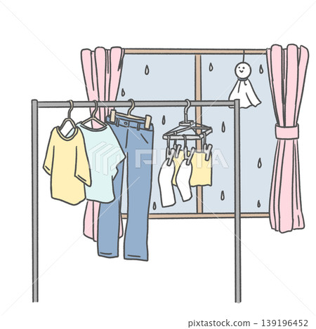 An illustration of a scene where laundry is being hung to dry indoors. An illustration of a scene where laundry is being hung to dry indoors. 139196452