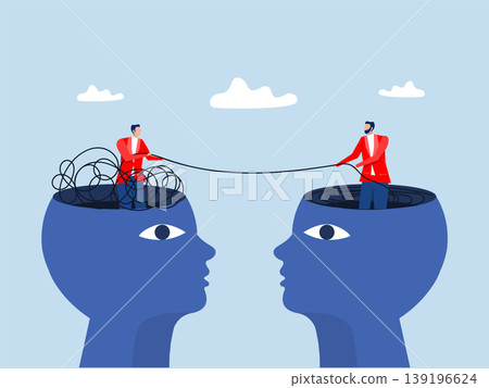 Two human heads silhouette decoding with The opposite mindset chaos and order in thoughts concept. vector illustration 139196624