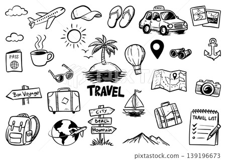 Travel Doodle Set Hand Drawn Vector Icons Collection with Vacation Elements Travel Doodle Set Hand Drawn Vector Icons Collection with Vacation Elements 139196673