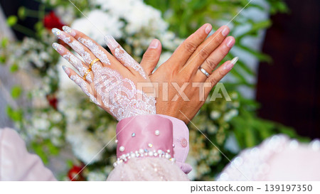 This image captures a special moment during a traditional wedding ceremony. This image captures a special moment during a traditional wedding ceremony. 139197350