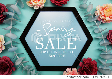 Spring Sale up to 50% Off text on hexagon background with beautiful flowers blooming Spring Sale up to 50% Off text on hexagon background with beautiful flowers blooming 139197401