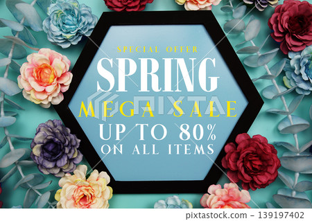 Spring Sale up to 50% Off text on hexagon background with beautiful flowers blooming Spring Sale up to 50% Off text on hexagon background with beautiful flowers blooming 139197402