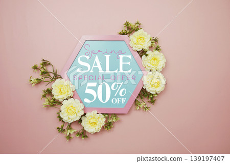 Spring Sale up to 50% Off text on hexagon background with beautiful flowers blooming Spring Sale up to 50% Off text on hexagon background with beautiful flowers blooming 139197407