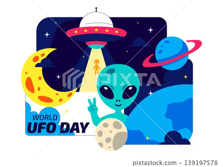 World UFO Day Vector Illustration Alien Spaceship Abduction Scene In Outer Space With Planets Night Sky Sci Fi Theme Modern Flat Design World UFO Day Vector Illustration Alien Spaceship Abduction Scene In Outer Space With Planets Night Sky Sci Fi Theme Modern Flat Design 139197578