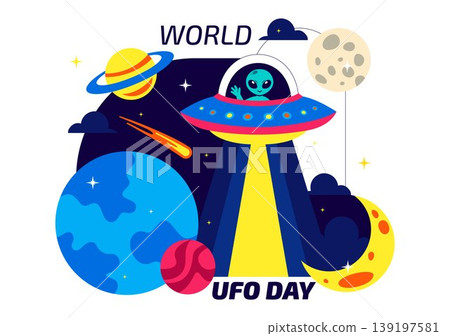 World UFO Day Vector Illustration Alien Spaceship Abduction Scene In Outer Space With Planets Night Sky Sci Fi Theme Modern Flat Design World UFO Day Vector Illustration Alien Spaceship Abduction Scene In Outer Space With Planets Night Sky Sci Fi Theme Modern Flat Design 139197581