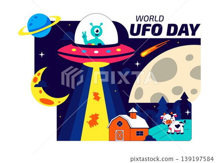 World UFO Day Vector Illustration Alien Spaceship Abduction Scene In Outer Space With Planets Night Sky Sci Fi Theme Modern Flat Design World UFO Day Vector Illustration Alien Spaceship Abduction Scene In Outer Space With Planets Night Sky Sci Fi Theme Modern Flat Design 139197584