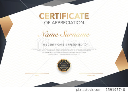 Modern elegant luxury certificate of appreciation template design with black and gold border, premium seal. Blank diploma vector for award, graduation, achievement recognition, or completion. 139197748