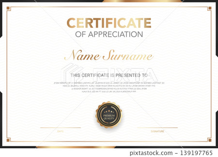 Modern certificate of appreciation template with elegant gold and green design, premium quality badge, customizable name and signature area, perfect for awards, achievement or recognition. Modern certificate of appreciation template with elegant gold and green design, premium quality badge, customizable name and signature area, perfect for awards, achievement or recognition. 139197765