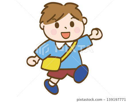 一個快樂的小男孩正走去幼兒園。 一個快樂的小男孩正走去幼兒園。 139197771