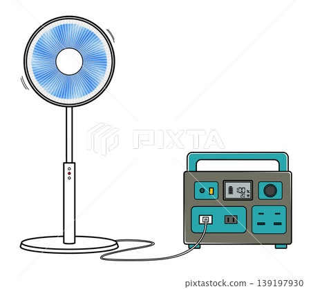 A fan connected to a portable power supply (fan is running) A fan connected to a portable power supply (fan is running) 139197930