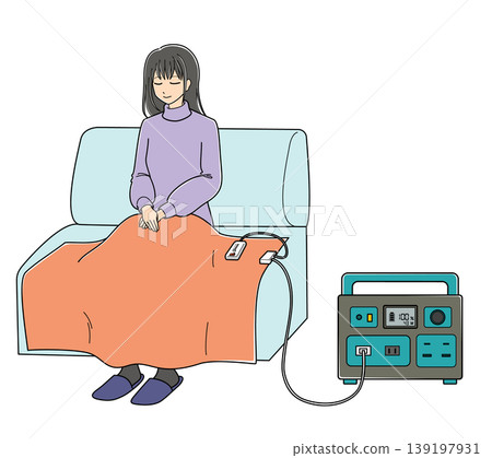 A woman using an electric blanket connected to a portable power supply. A woman using an electric blanket connected to a portable power supply. 139197931