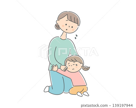 A child clinging to its anxious mother A child clinging to its anxious mother 139197944