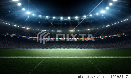 Stadium with National Flags at night : 2026 Tournament Concept. Stadium with National Flags at night : 2026 Tournament Concept. 139198147