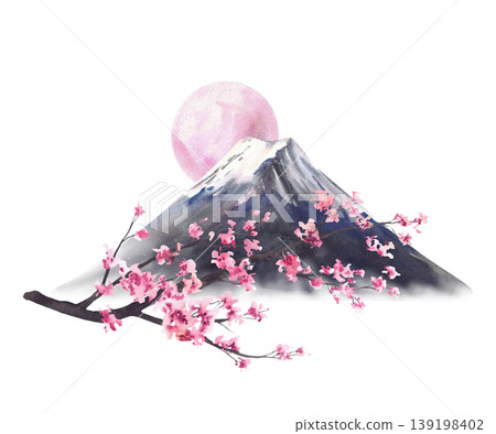 Watercolor Mount Fuji with Cherry blossom sakura tree branch and pink sun or moon. Peaceful Japanese landscape. Hand drawn isolated illustration. Asian landmark for travel booklet, post card print. Watercolor Mount Fuji with Cherry blossom sakura tree branch and pink sun or moon. Peaceful Japanese landscape. Hand drawn isolated illustration. Asian landmark for travel booklet, post card print. 139198402