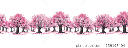 Watercolor pink cherry blossoms trees seamless border. Blooming spring sakura with pink flowers and falling petals. Hand drawn traditional Asian landscape wallpaper. Illustration isolated on white. Watercolor pink cherry blossoms trees seamless border. Blooming spring sakura with pink flowers and falling petals. Hand drawn traditional Asian landscape wallpaper. Illustration isolated on white. 139198404