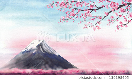 Watercolor Mount Fuji landscape with cherry blossom branch and sunset or sunrise sky. Hand drawn Japan Landmark misty spring blooming sakura tree. Isolated illustration for travel post card, wallpaper Watercolor Mount Fuji landscape with cherry blossom branch and sunset or sunrise sky. Hand drawn Japan Landmark misty spring blooming sakura tree. Isolated illustration for travel post card, wallpaper 139198405