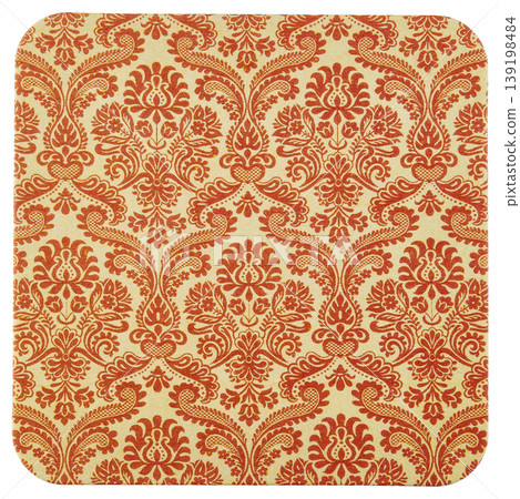 Coasters with an orange and beige damask pattern cut out against a white background. Coasters with an orange and beige damask pattern cut out against a white background. 139198484