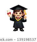 Adorable cartoon girl in a graduation cap and gown proudly holding her diploma. A cheerful representation of academic success and future achievements for young students. 139198537