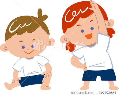 A boy doing leg stretches and a girl doing side stretches. A boy doing leg stretches and a girl doing side stretches. 139198624