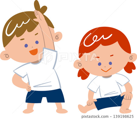 A girl doing leg stretches and a boy doing side stretches. A girl doing leg stretches and a boy doing side stretches. 139198625