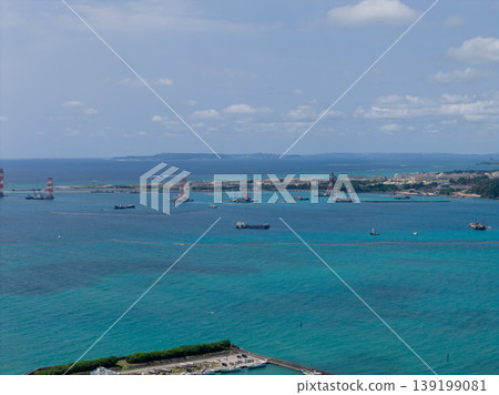A scene of marine construction work and a construction vessel in Oura Bay, Okinawa Prefecture (drone aerial photography) A scene of marine construction work and a construction vessel in Oura Bay, Okinawa Prefecture (drone aerial photography) 139199081