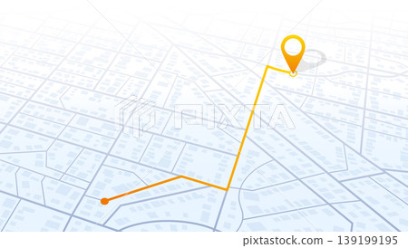 Light perspective city map with orange navigation path and location pin marker for travel tracking. Vector illustration. Light perspective city map with orange navigation path and location pin marker for travel tracking. Vector illustration. 139199195