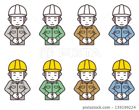 Icon of a man wearing a helmet and work clothes with his head bowed. Icon of a man wearing a helmet and work clothes with his head bowed. 139199224