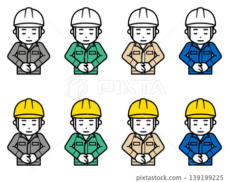 An icon of a man wearing a helmet and work clothes, with his head bowed. Part 2 An icon of a man wearing a helmet and work clothes, with his head bowed. Part 2 139199225